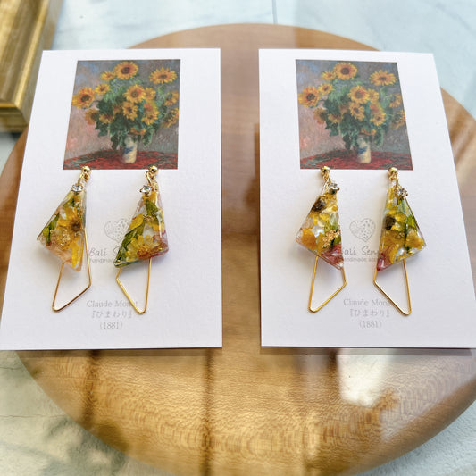 Claude Monet Sunflower Inspired Triangular Floral Earrings - ひまわり No.18