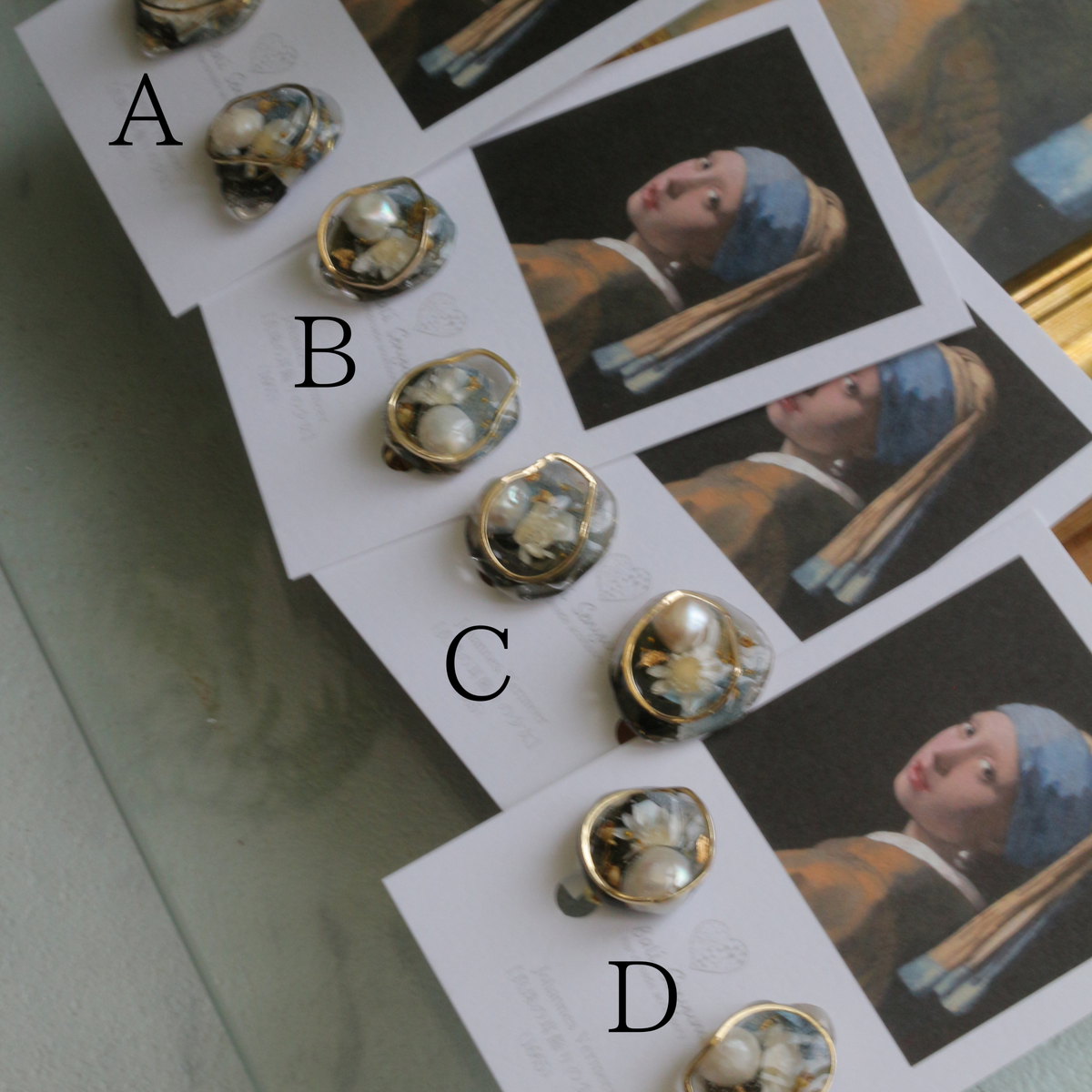 Vermeer's Inspired Flower & Pearl Earrings  No.5 イヤリング Clip-on 真珠の耳飾りの少女