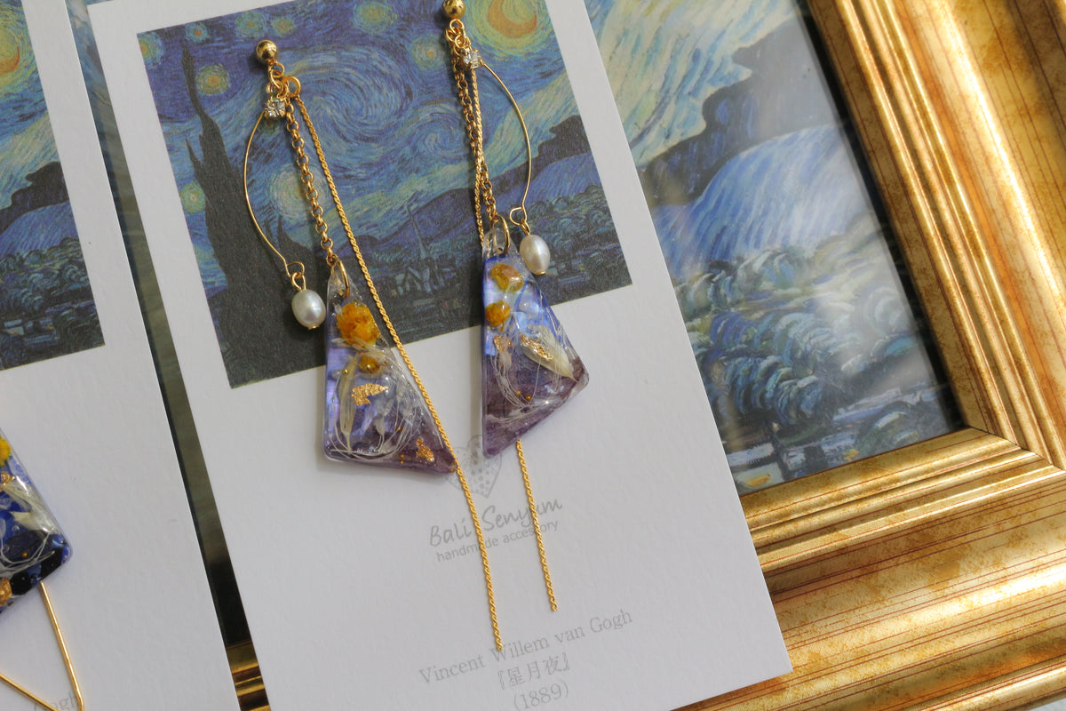 Gogh The Starry Night Inspired Triangular Floral Earrings-星月夜