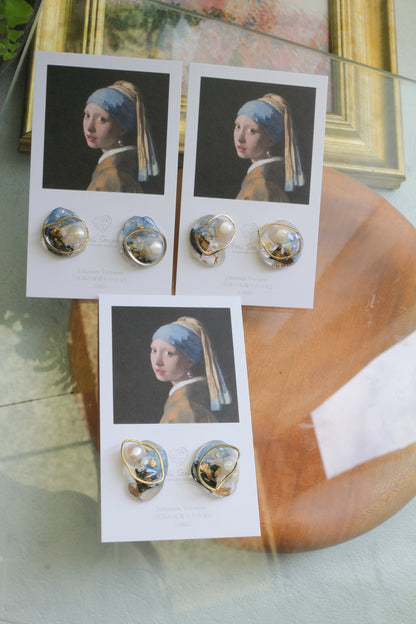 Vermeer's Inspired Flower & Pearl Earrings  No.1 イヤリング Clip-on 真珠の耳飾りの少女