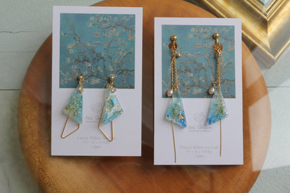 Gogh Almond Tree in Blossom Inspired Triangular Floral Earrings-アーモンドの花