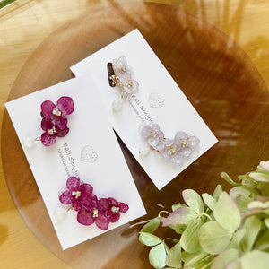 White moon stone & Hydrangea Earrings - Clip On  イヤリング No.2