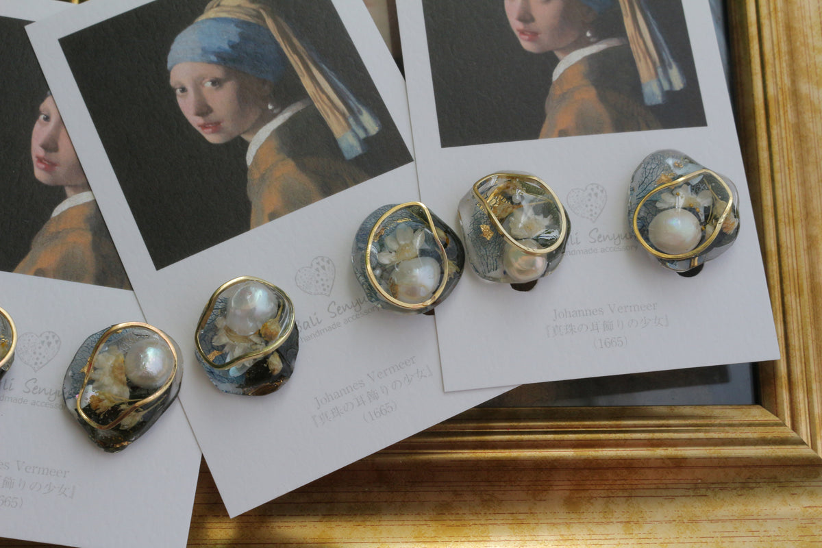 Vermeer's Inspired Flower & Pearl Earrings  No.7イヤリング Clip-on 真珠の耳飾りの少女