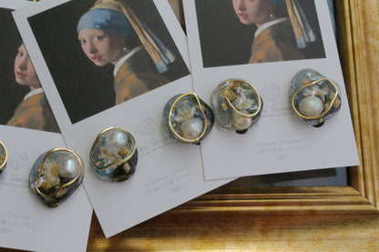 Vermeer's Inspired Flower & Pearl Earrings  No.7イヤリング Clip-on 真珠の耳飾りの少女