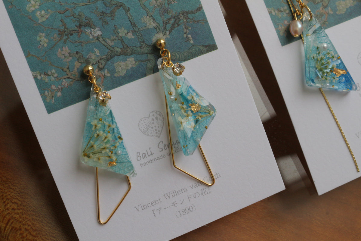Gogh Almond Tree in Blossom Inspired Triangular Floral Earrings-アーモンドの花