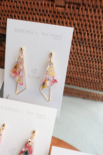 Triangular Floral Earrings - KIMONO Art Jewelry No.3 ピアス or イヤリング