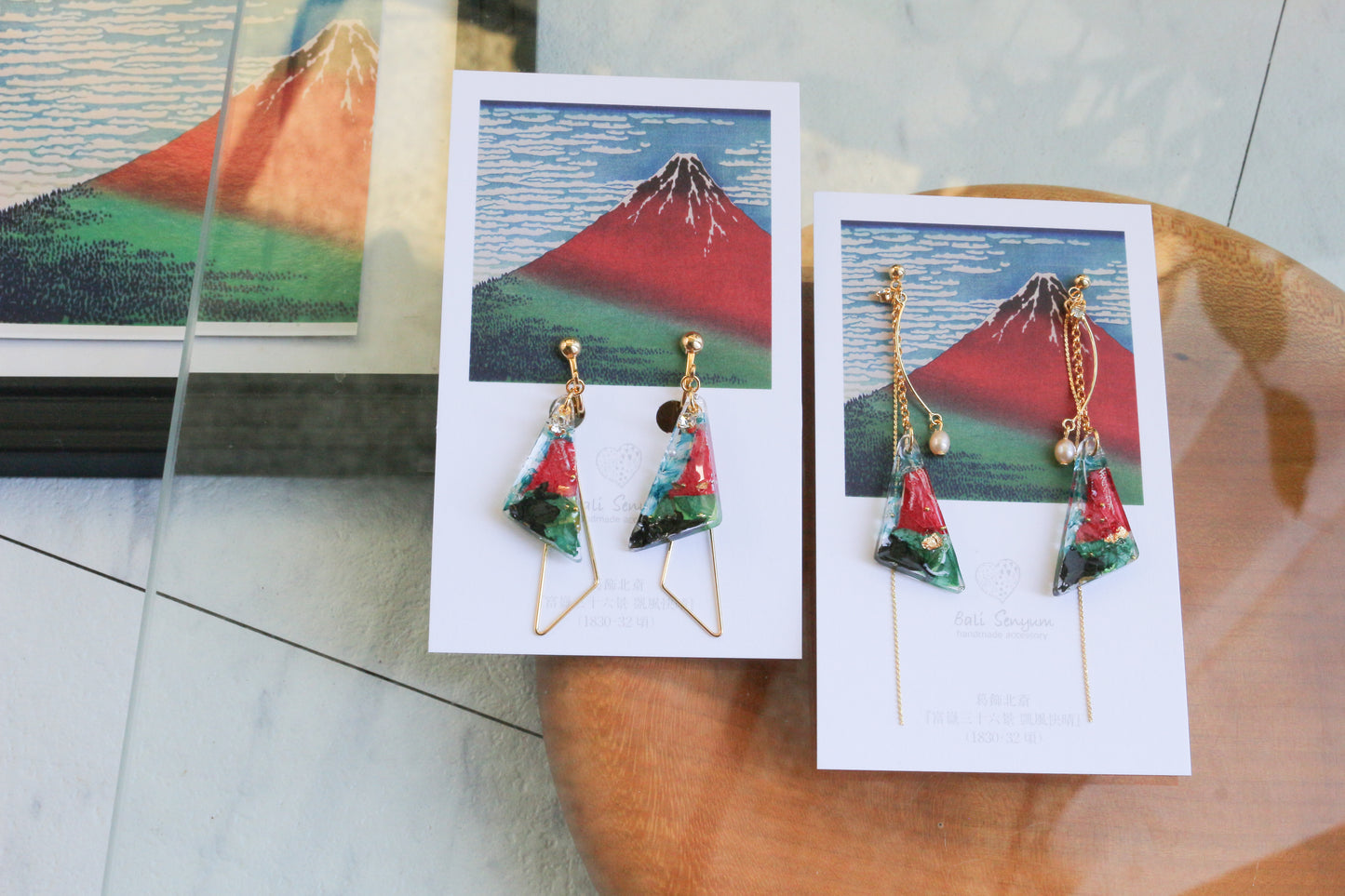 Hokusai Katsushika Inspired Triangular Floral Earrings -『富嶽三十六景』