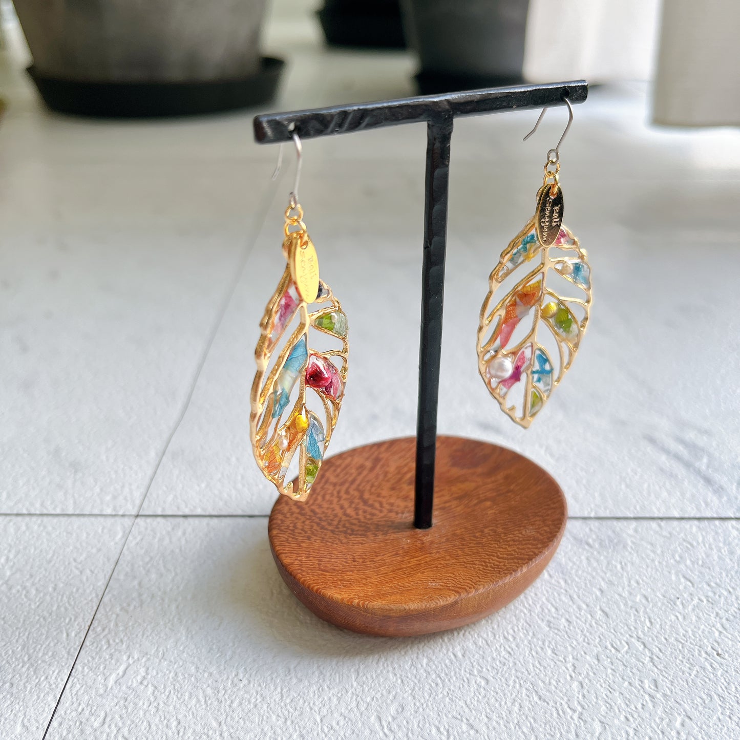 Leaf Earrings With Seasonal Flower Petals