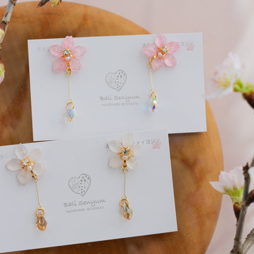 Someiyoshino Sakura Earrings with Hanging Sparkling Gem No.2