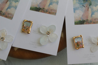Monet Inspired Flower Earrings No.19 ピアスTitanium Pierce 日傘をさす女性