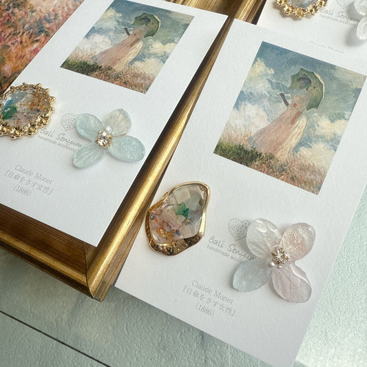 Monet Inspired Flower Earrings No.1 Titanium Pierce ピアス　"日傘をさす女性"