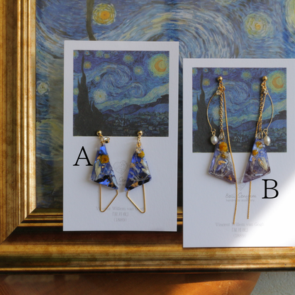 Gogh The Starry Night Inspired Triangular Floral Earrings-星月夜