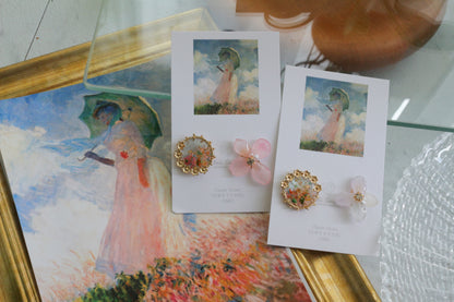 Monet Inspired Flower Earrings No.11 イヤリングClip-on 日傘をさす女性