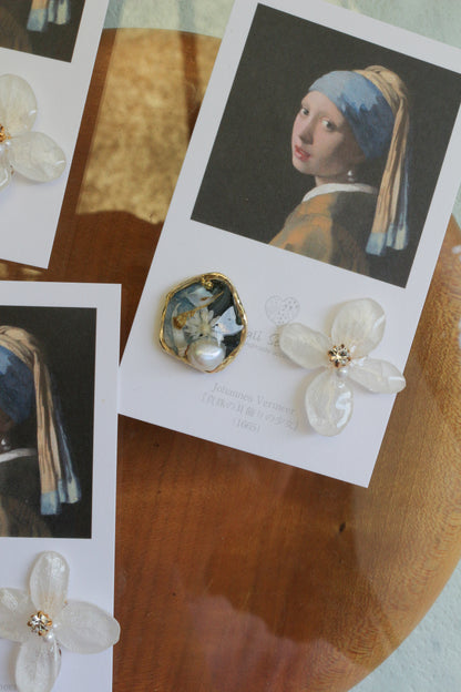 Vermeer's Inspired Flower and Medallion No.4 イヤリング Clip-on 真珠の耳飾りの少女