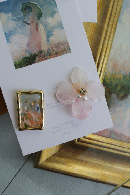 Monet Inspired Flower Earrings No.14 ピアスTitanium Pierce 日傘をさす女性