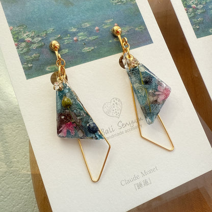 Claude Monet Water Lilies Inspired Triangular Floral Earrings -  No.32