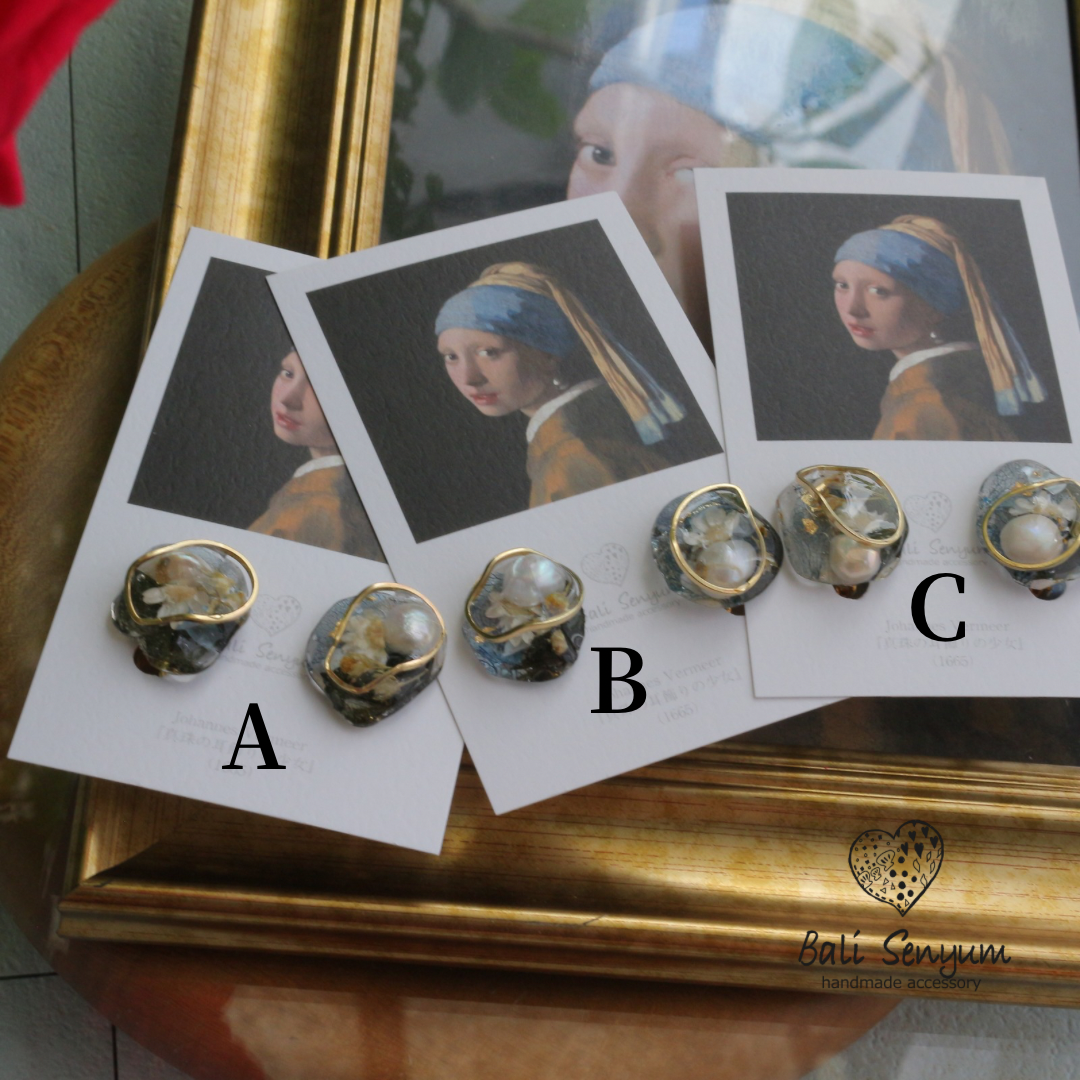 Vermeer's Inspired Flower & Pearl Earrings  No.7イヤリング Clip-on 真珠の耳飾りの少女