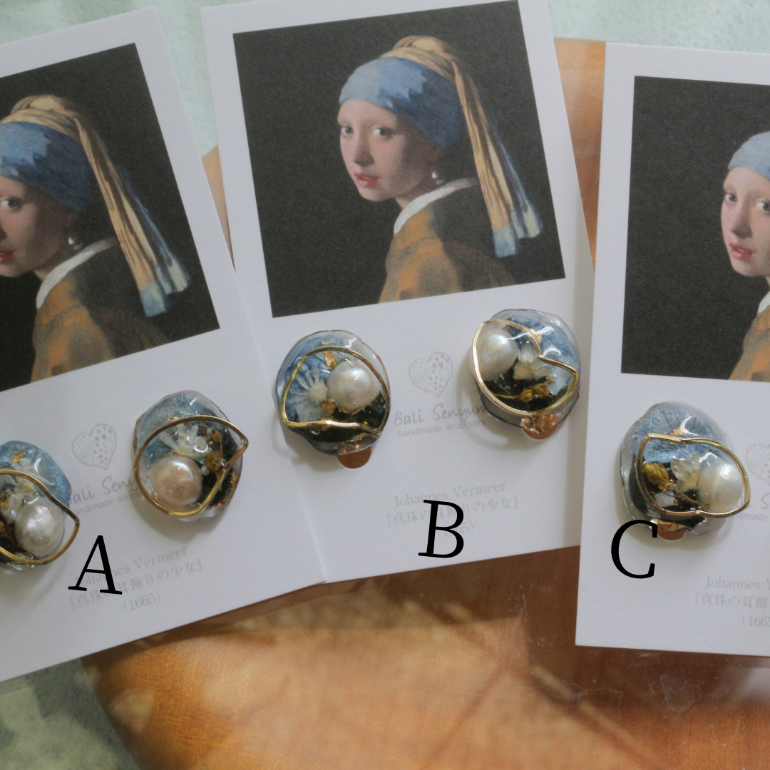 Vermeer's Inspired Flower & Pearl Earrings  No.3 イヤリング Clip-on 真珠の耳飾りの少女