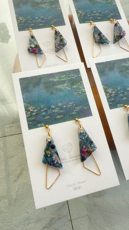 Claude Monet Water Lilies Inspired Triangular Floral Earrings -  No.31