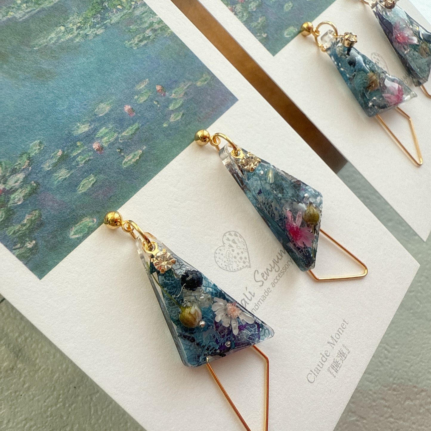 Claude Monet Water Lilies Inspired Triangular Floral Earrings -  No.31