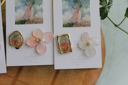 Monet Inspired Flower Earrings No.15 イヤリングClip-on 日傘をさす女性