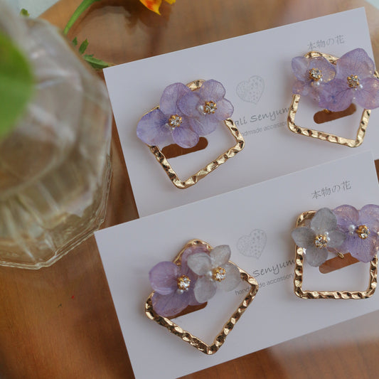 Square Metal with Hydrangea イヤリング Clip-on No.2