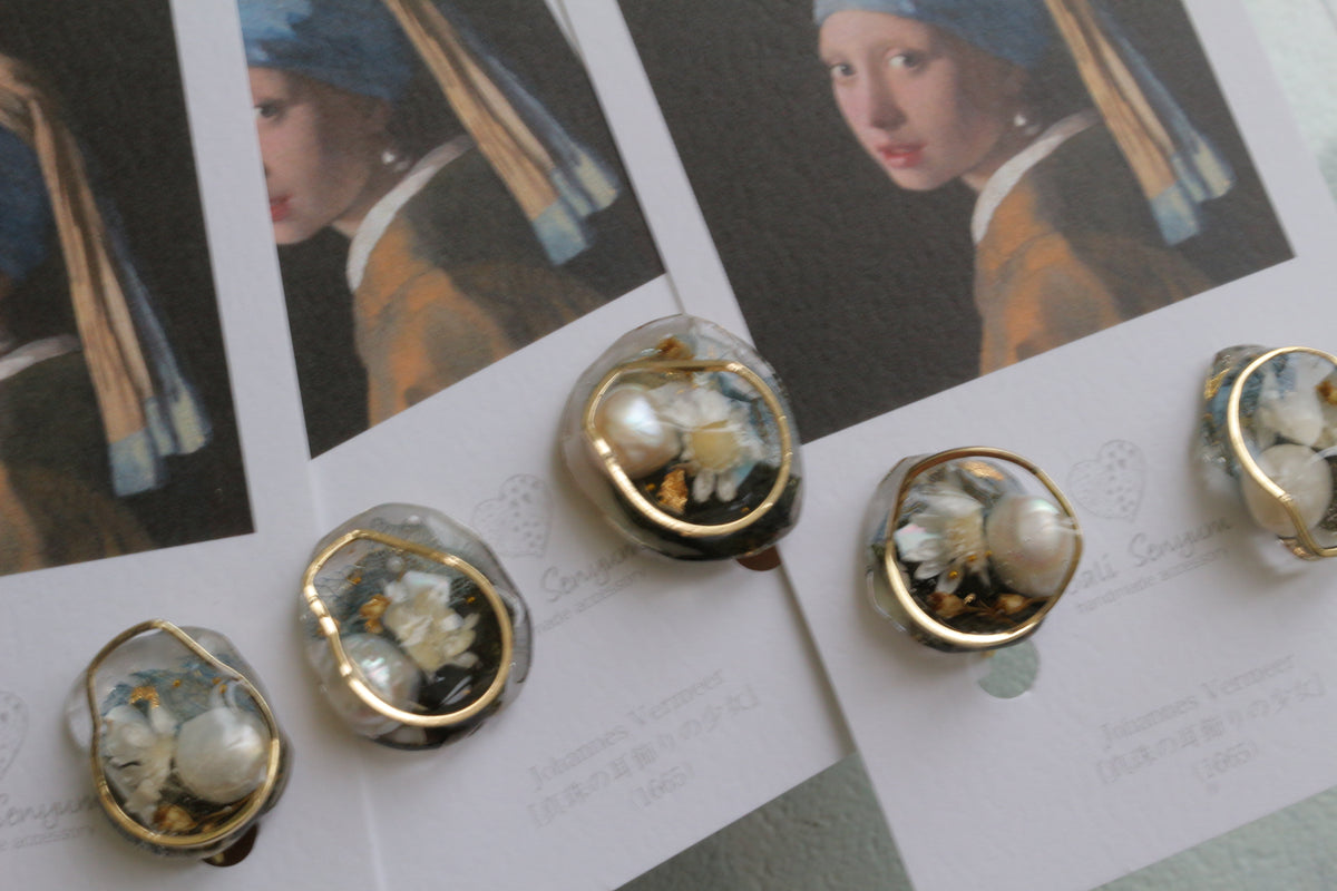 Vermeer's Inspired Flower & Pearl Earrings  No.5 イヤリング Clip-on 真珠の耳飾りの少女