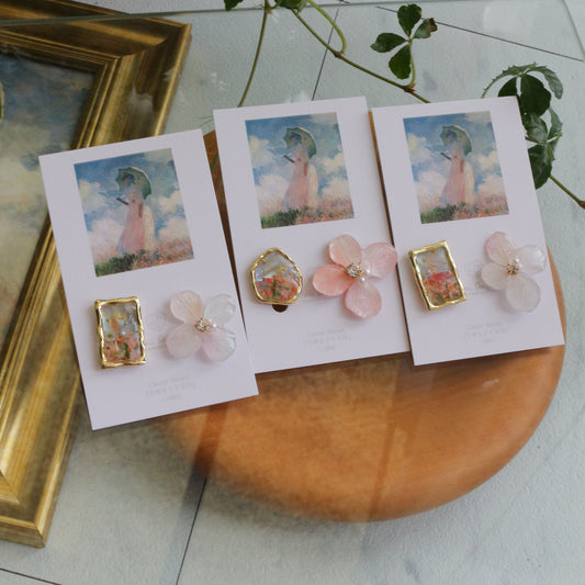 Monet Inspired Flower Earrings No.15 イヤリングClip-on 日傘をさす女性