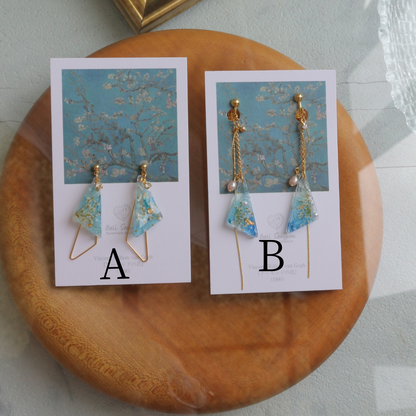 Gogh Almond Tree in Blossom Inspired Triangular Floral Earrings-アーモンドの花