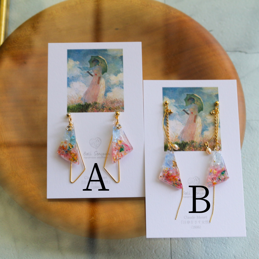 Claude Monet Woman with a Parasol Inspired Triangular Floral Earrings-散歩（日傘をさす女性）