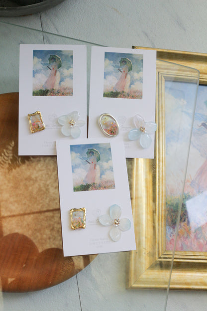 Monet Inspired Flower Earrings No.17 ピアスTitanium Pierce 日傘をさす女性