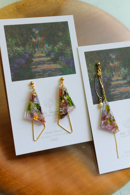 Claude Monet The Artist's Garden at Giverny Inspired Triangular Floral Earrings-ジヴェルニーの庭