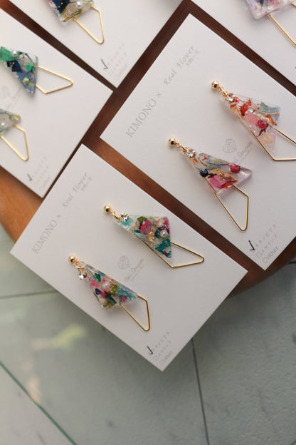 Triangular Floral Earrings - KIMONO Art Jewelry No.2 ピアス or イヤリング