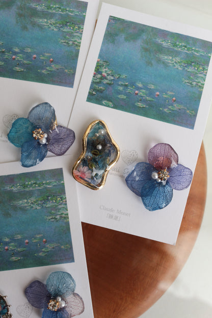 Monet's Water Lilies Inspired Flower and Medallion No.14イヤリング Clip-on 睡蓮