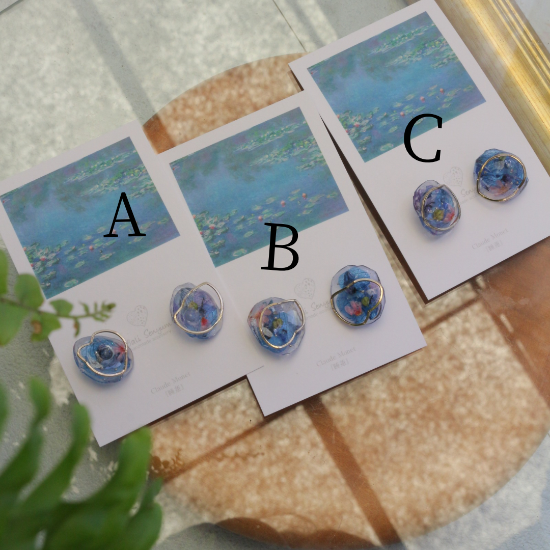 Monet Inspired Flower Medallion Earrings No.3 樹脂ノンホールピアス Plastic Clip-on 睡蓮