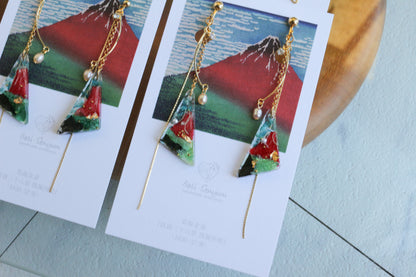 Hokusai Katsushika Inspired Triangular Floral Earrings -『富嶽三十六景』