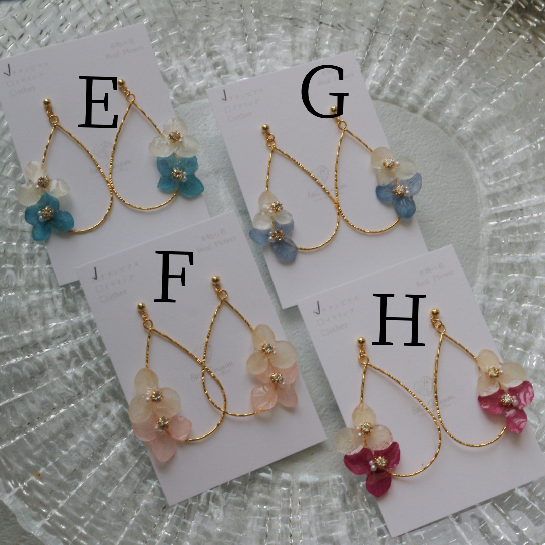 Teardrop Hoop Earrings with Hydrangeas No.22 ピアスorイヤリング