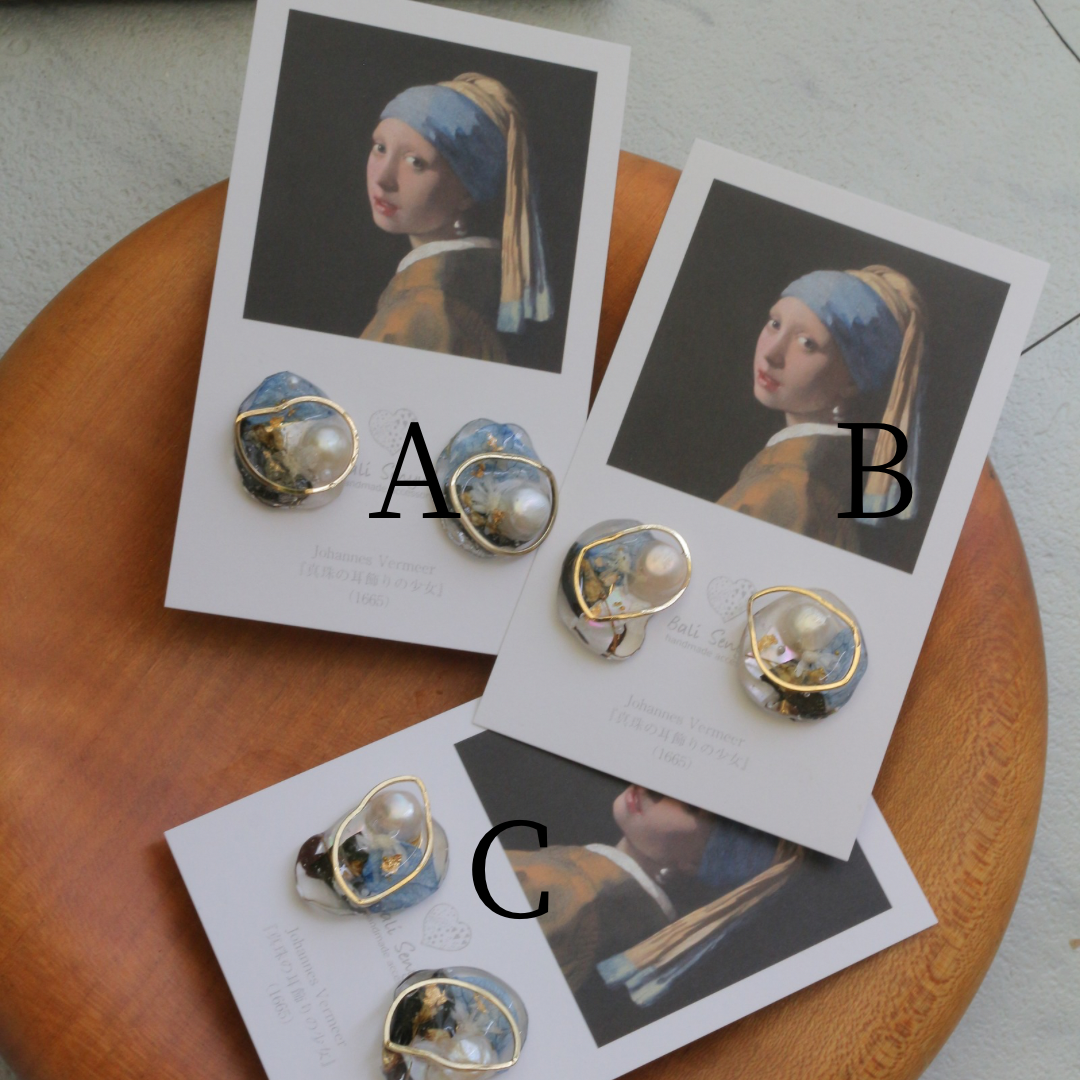 Vermeer's Inspired Flower & Pearl Earrings  No.1 イヤリング Clip-on 真珠の耳飾りの少女