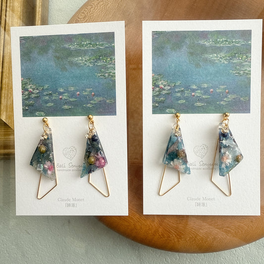 Claude Monet Water Lilies Inspired Triangular Floral Earrings -  No.30