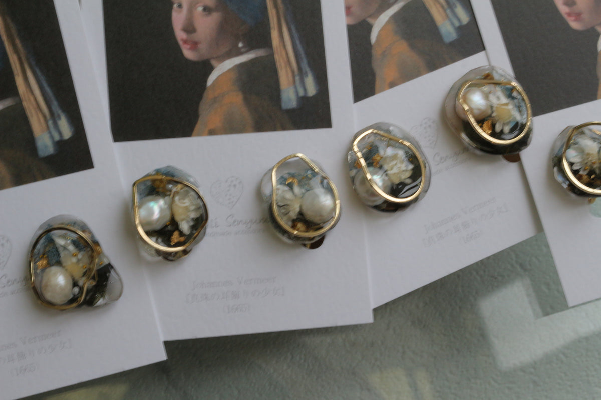 Vermeer's Inspired Flower & Pearl Earrings  No.5 イヤリング Clip-on 真珠の耳飾りの少女