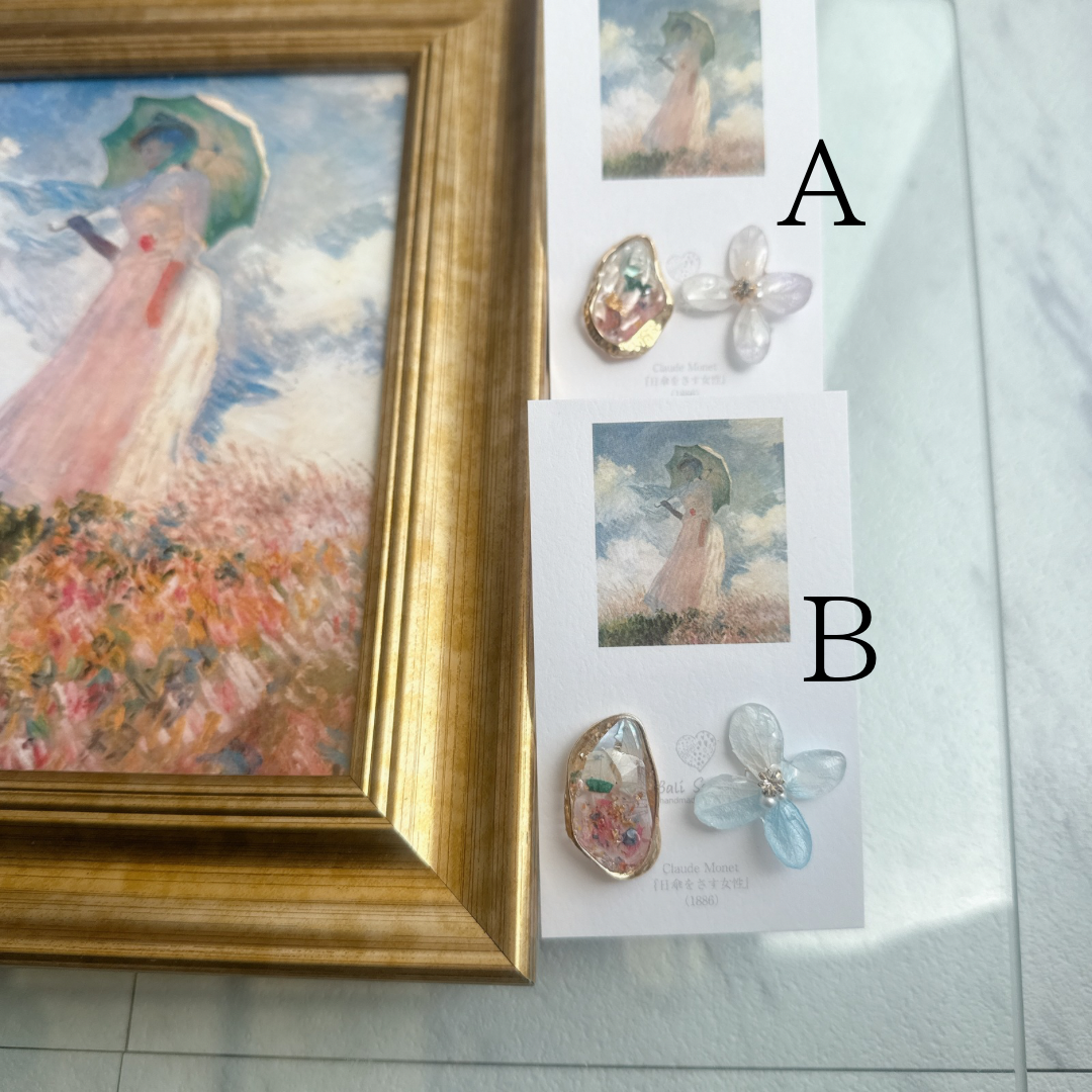 Monet Inspired Flower Earrings No.2 イヤリング　Clip-on　"日傘をさす女性"