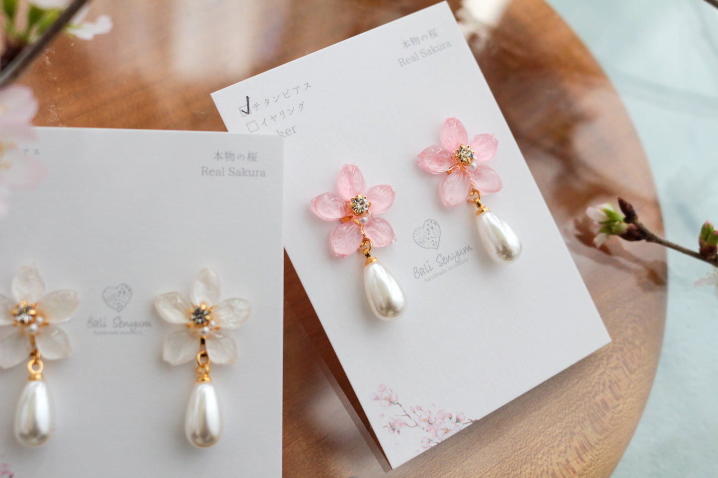 Small Someiyoshino Sakura Earrings with Drop Pearl
