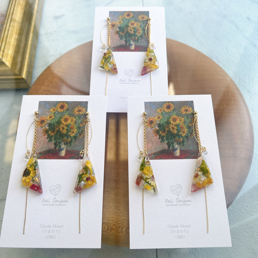 Claude Monet Sunflower Inspired Elegant Triangular Earrings - ひまわり No.1