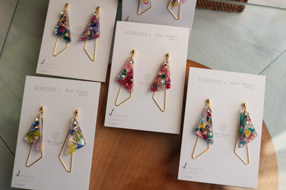 Triangular Floral Earrings - KIMONO Art Jewelry No.3 ピアス or イヤリング