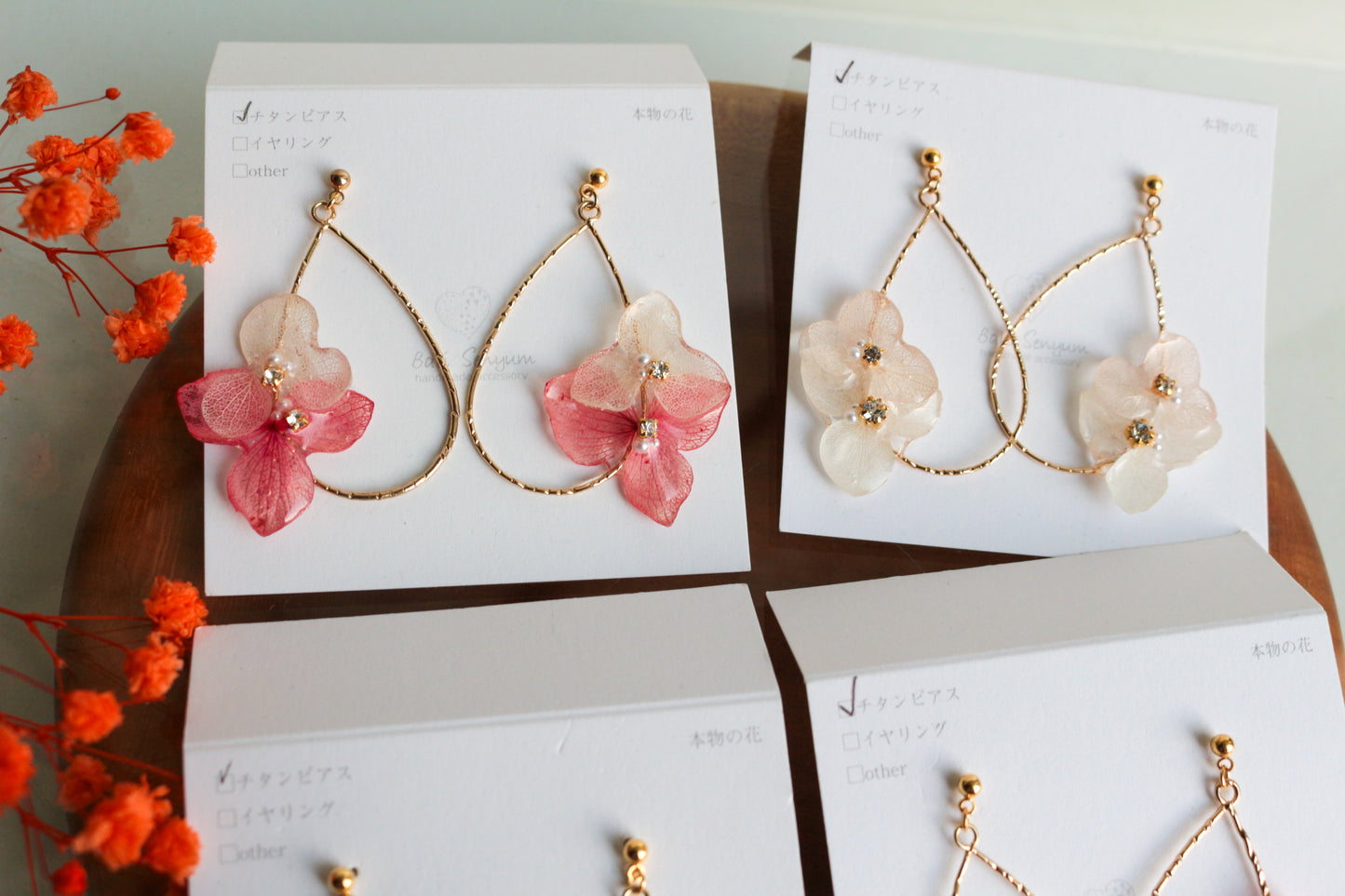 Teardrop Hoop Earrings with Hydrangeas No.17