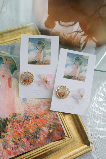 Monet Inspired Flower Earrings No.11 イヤリングClip-on 日傘をさす女性