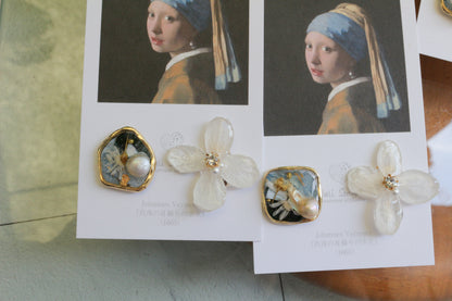 Vermeer's Inspired Flower and Medallion No.4 イヤリング Clip-on 真珠の耳飾りの少女