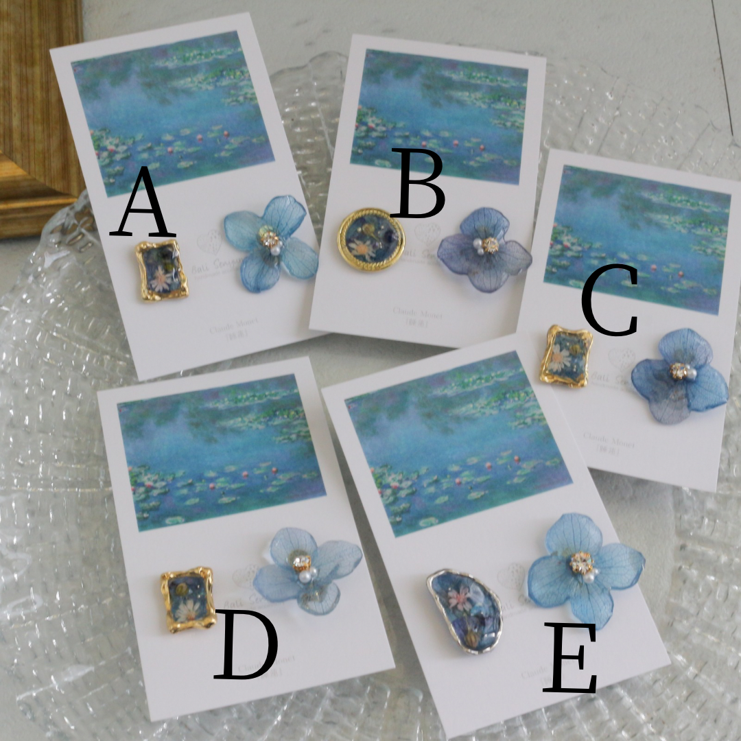 Monet's Water Lilies Inspired Flower and Medallion No.30 イヤリング Clip-on 睡蓮