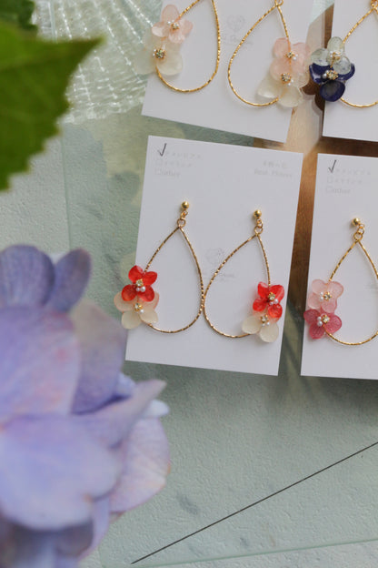 Teardrop Hoop Earrings with Hydrangeas No.23 ピアスorイヤリング
