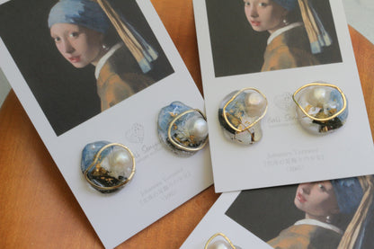 Vermeer's Inspired Flower & Pearl Earrings  No.1 イヤリング Clip-on 真珠の耳飾りの少女